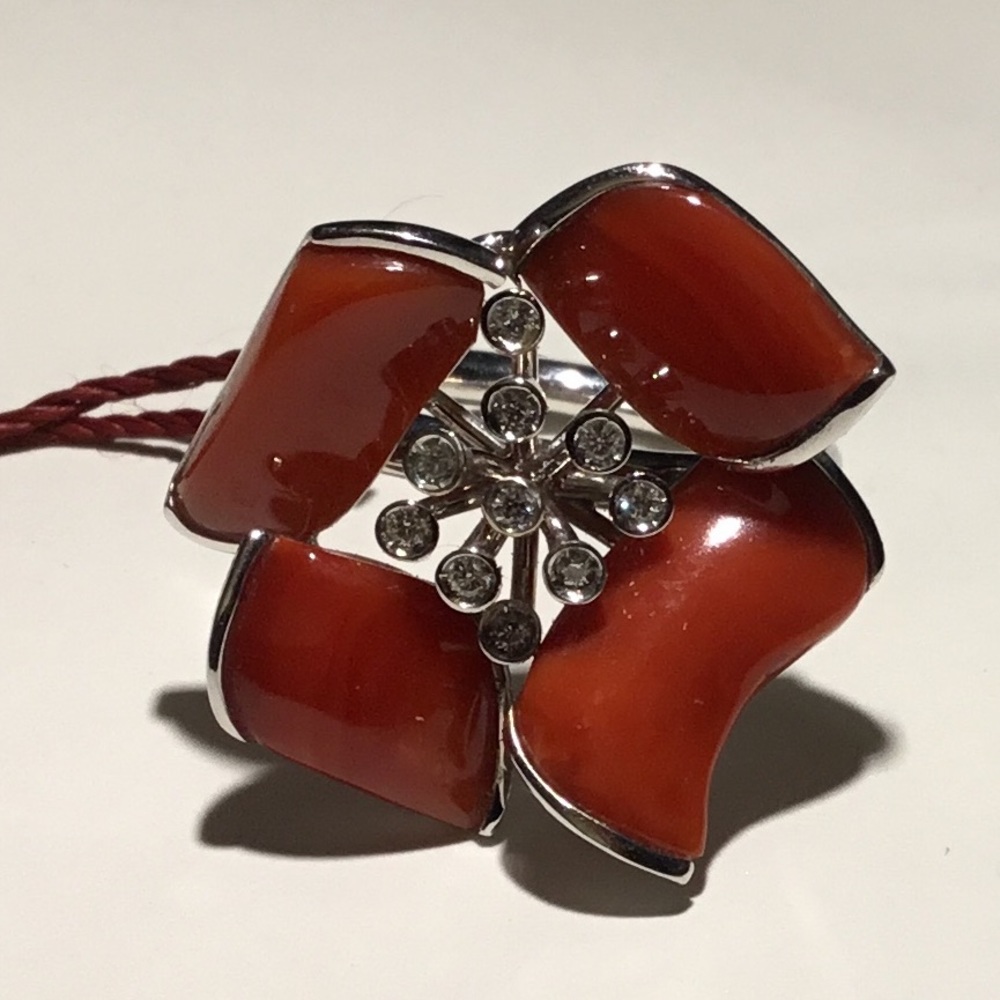 18k red coral diamond ring